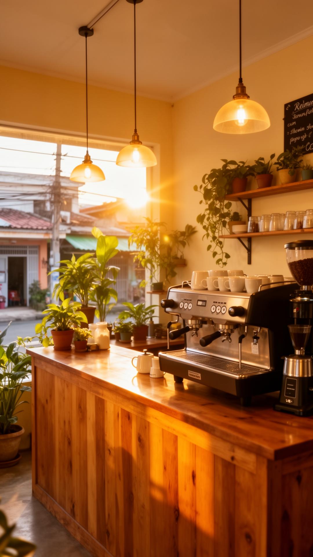 Warm cafe interior with pendant lights and leather seating