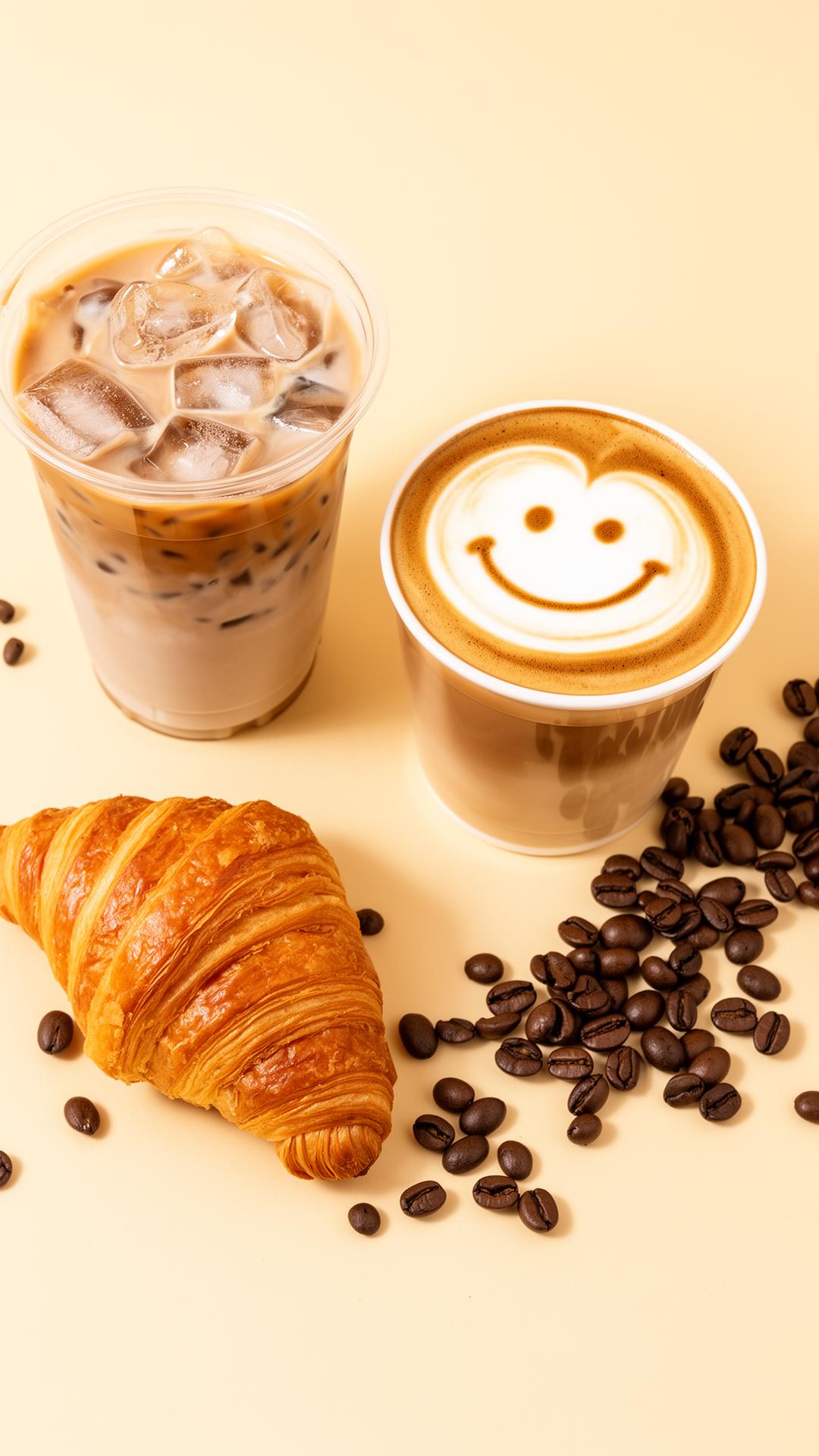Sea salt latte and iced cappuccino from above with coffee beans